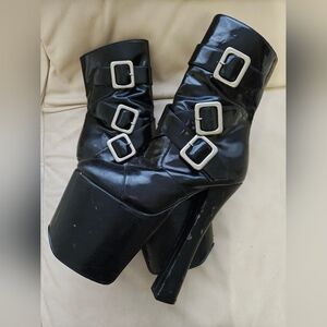 Pleaser Black Platform Boots with Silver Buckles